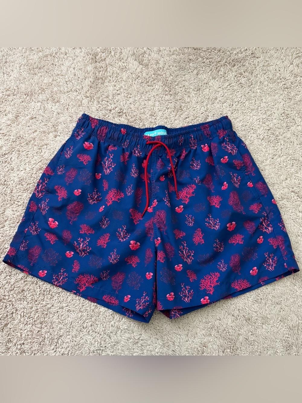 Men's Navy Swim Trunks with Pink Coral Pattern